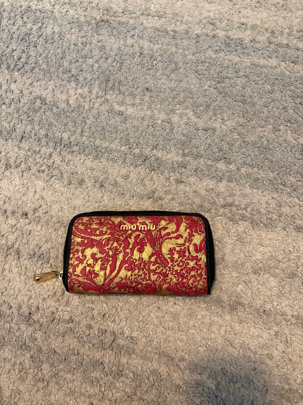 Miu Miu Pink Gold Metallic Floral Damask Zip Around Leather Long Wallet